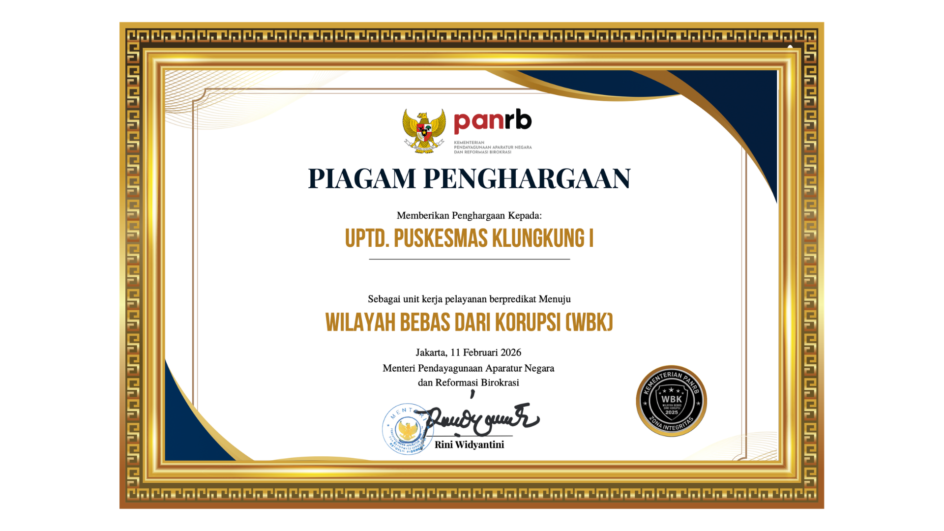 Sertifikat WBK UPTD Puskesmas Klungkung I